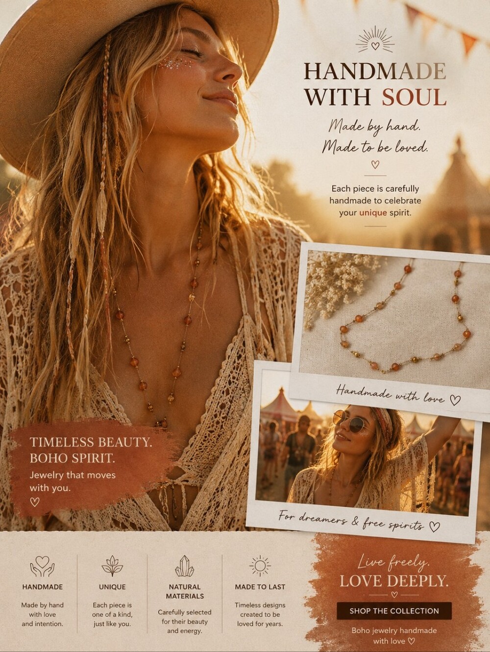 Gold-Tone Beaded Necklace with Amber-Beige Accents